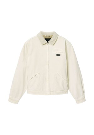 Off-white ritssluiting jas met een corduroy kraag, twee voorzakken en een borstzak met rits, weergegeven op een witte achtergrond.