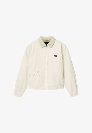Off-white ritssluiting jas met een corduroy kraag, twee voorzakken en een borstzak met rits, weergegeven op een witte achtergrond.
