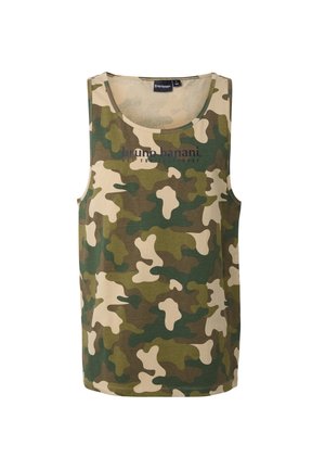 Ärmelloses Tanktop mit grünem, braunem und beigem Tarnmuster, ausgestattet mit rundem Ausschnitt und dem auf der Brust aufgedruckten Schriftzug "bruno banani".