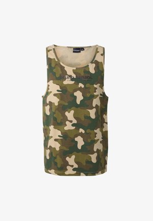 Mouwloos tanktop met een camouflagepatroon in groen, bruin en beige, voorzien van een ronde halslijn en de tekst "bruno banani" gedrukt op de borst.