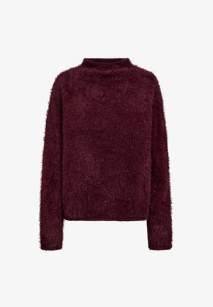 Burgundy fluffig tröja med hög halsringning, långa ärmar och en mjuk, strukturerad yta. Boxig form utan synliga sömmar eller dekorationer.