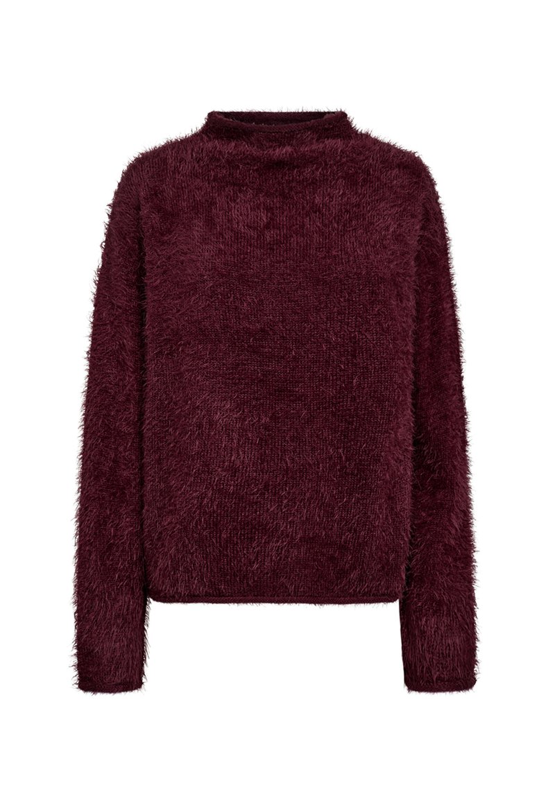 Burgundy fluffig tröja med hög halsringning, långa ärmar och en mjuk, strukturerad yta. Boxig form utan synliga sömmar eller dekorationer.