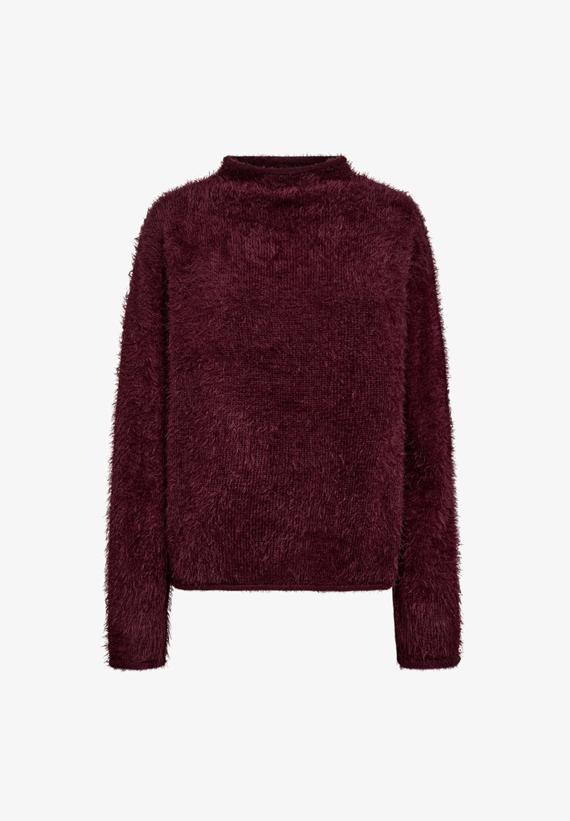Bordeaux fuzzy trui met een hoge hals, lange mouwen en een zachte, gestructureerde afwerking. Rechte vorm zonder zichtbare naden of versieringen.