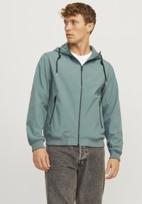 Svijetloplavi zip-up dukserica s kapuljačom, podesivim vezicama, dva bočna džepa sa zatvaračem i rebrastim manžetama. Nošena preko bijele košulje.