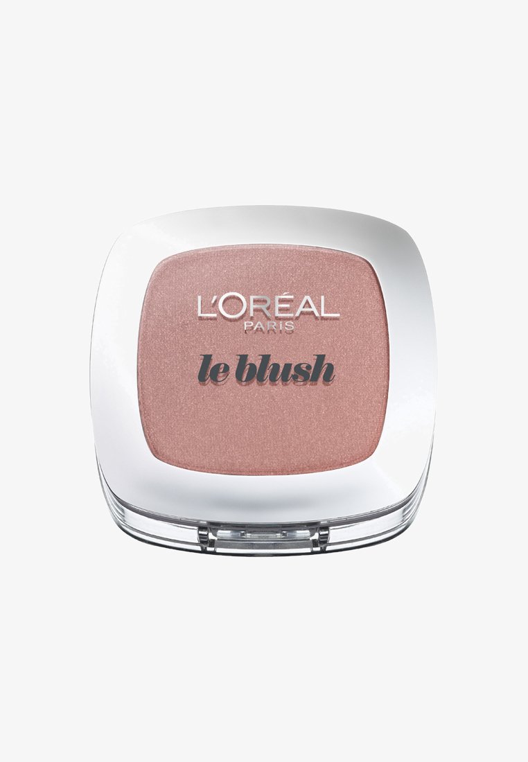 Boîtier carré compact de L'Oréal Paris le blush en teinte rose clair avec bords transparents et argentés.