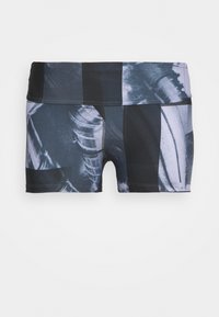 Shorts de bain avec motifs abstraits noirs et gris, dotés d'une ceinture droite et d'une longueur de jambe courte.
