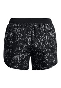 Pantalones cortos deportivos negros con un patrón de camuflaje gris, cintura elástica y tejido ligero. Superficie texturada y diseño transpirable.