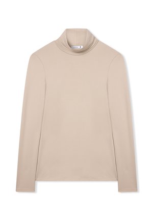 Beżowa, długa bluzka z golfem, wykonana z gładkiego, elastycznego materiału. Posiada dopasowany krój oraz minimalną liczbę szwów, co zapewnia elegancki wygląd.