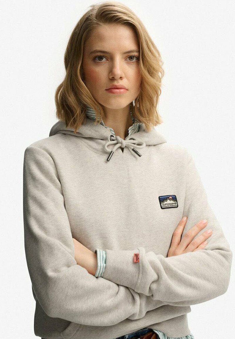 Sudadera gris claro con bolsillo frontal, capucha con cordones y un parche con logotipo. Presenta un forro interior a rayas y puños de canalé.