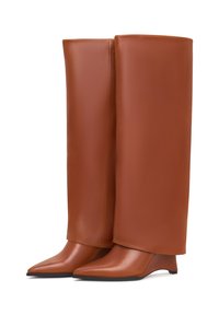Botine din piele maro, până la genunchi, cu un șliț înalt și neted și vârf ascuțit. Prezintă un toc tip wedge și un design elegant, minimalist.