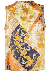 Ermeløs bluse med et blomster- og geometrisk mønster i orange, gul og marineblå. Letvægtigt stof med en samlet halsudskæring og knaplukning i ryggen.