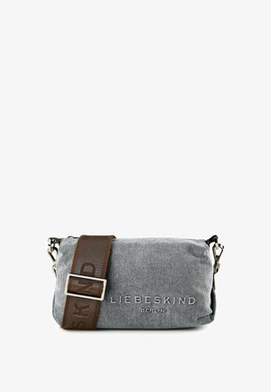 Gray textured fabric crossbody bag with wide brown adjustable strap and silver hardware, branded "Liebeskind Berlin" on front.