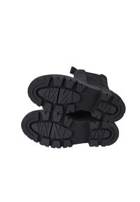 Black rubber boots with a textured exterior and deep tread soles, featuring a flat heel and pull tab for easy wear.