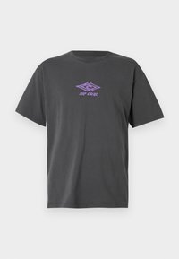 Dark gray cotton t-shirt with short sleeves featuring a purple printed logo and geometric design on the chest. Simple crew neck.
