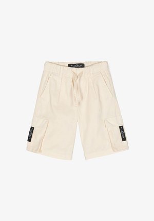 Pantaloni cargo beige realizzati in cotone, dotati di vita elastica, coulisse, due tasche laterali e una tasca cargo con marchio.