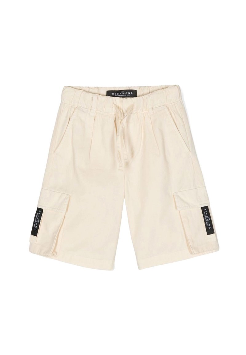 Pantaloni cargo beige realizzati in cotone, dotati di vita elastica, coulisse, due tasche laterali e una tasca cargo con marchio.