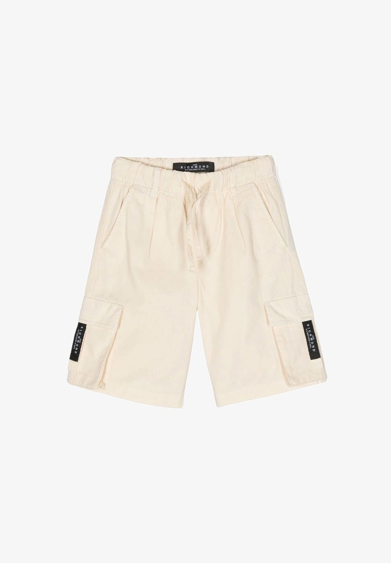 Pantaloni cargo beige realizzati in cotone, dotati di vita elastica, coulisse, due tasche laterali e una tasca cargo con marchio.