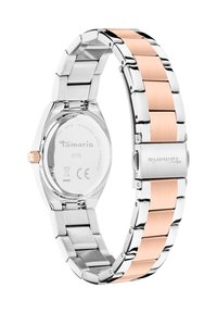 Stainless steel watch with a silver and rose-gold metal bracelet, round case, detailed back, and a crown on the side.