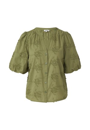 Bluzka oliwkowa z bufkami na rękawach, zapinana na guziki z przodu, z kwiatowym tłoczonym haftem, lekki materiał, okrągły dekolt.