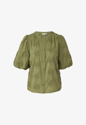 Olijfgroene blouse met pofmouwen, knoopsluiting aan de voorkant en bloemige reliëf geborduurde details, lichtgewicht stof, ronde halslijn.