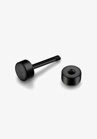 Juego de fijaciones de metal negro, que incluye un tornillo cilíndrico y una tapa redonda a juego, con una textura suave y un diseño elegante y minimalista.