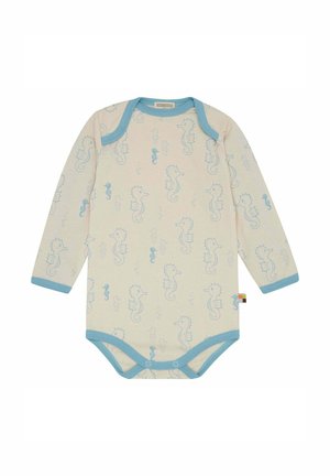 Body per neonati a maniche lunghe in cotone crema, con un motivo di cavallucci marini blu chiaro e bordo blu in contrasto intorno al collo e all'orlo.