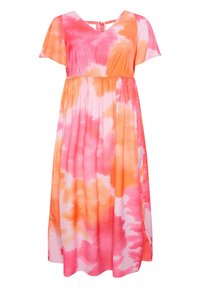 Růžová a oranžová tie-dye maxi šaty s výstřihem ve tvaru V, krátkými rukávy, nařaseným živůtkem a detaily ve tvaru klíčové dírky na zádech. Vyrobené z lehkého materiálu.