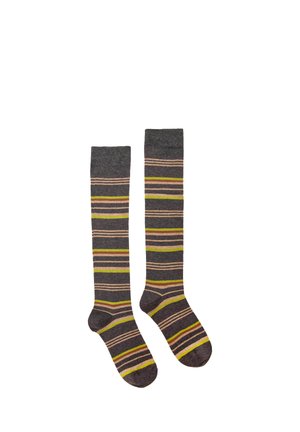 Paire de chaussettes hautes gris foncé avec des rayures horizontales en rose clair, vert olive et marron, posées à plat sur un fond blanc.