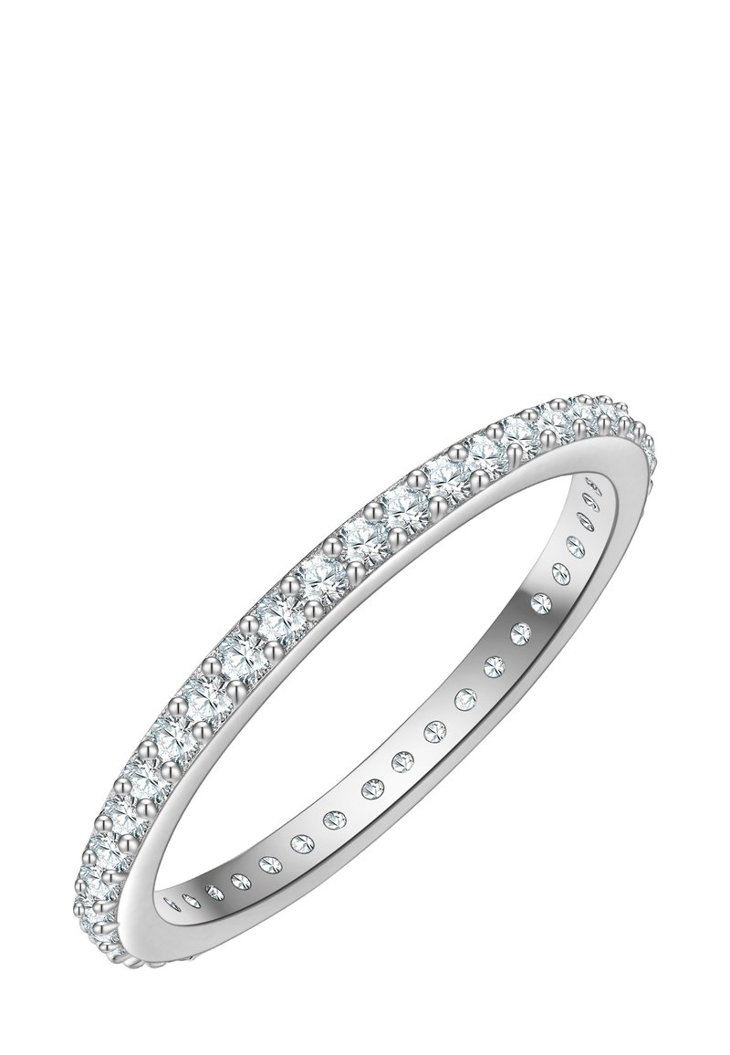 Hopeapohjainen sormus, jossa on rivi pyöreitä kirkkaita kiviä ulkoreunalla; sileä sisäpinta, jossa on pieniä sisään upotettuja kiviä yksityiskohtina.