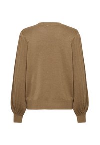 Pull en tricot marron avec un col rond, des manches bouffantes, des poignets côtelés et une texture douce. La vue de dos montre une finition lisse.