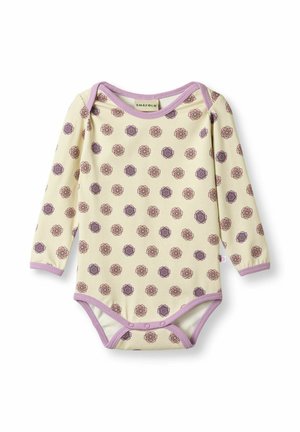 Detské body s dlhým rukávom v krémovej farbe s fialovým a ružovým kvetinovým vzorom. Vyznačuje sa jemným bavlneným materiálom a zapínaním na patentky v dolnej časti.