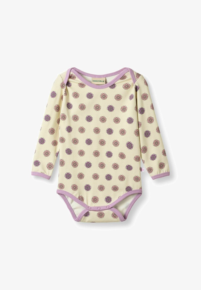 Langärmliger Baby-Body in Creme mit lila und pinkem Blumenmuster. Hergestellt aus weichem Baumwollmaterial und mit Druckknöpfen am unteren Abschluss.