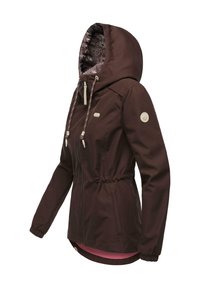 Veste à capuche marron foncé pour femme avec doublure intérieure florale, fermeture éclair frontale, cordon de serrage à la capuche, poignets élastiques et poches latérales, présentée sur fond blanc.