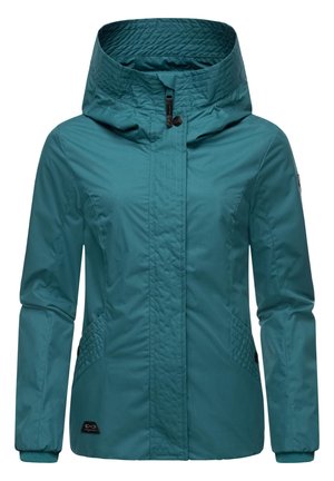 Teal waterproof jacket with a high collar, zip front, and quilted side panels. Features elastic cuffs and a logo detail on the hem.