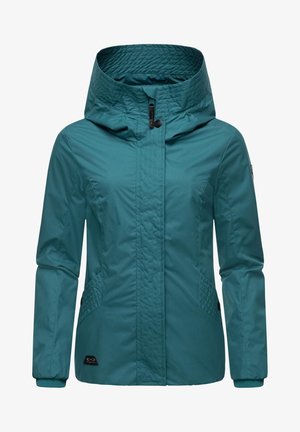 Vihreä vedenpitävä takki, jossa on korkea kaulus, vetoketjusuljenta ja tikatut sivupaneelit. Varustettu joustavuusmanžeteilla ja logoyksityiskohdalla helmoissa.