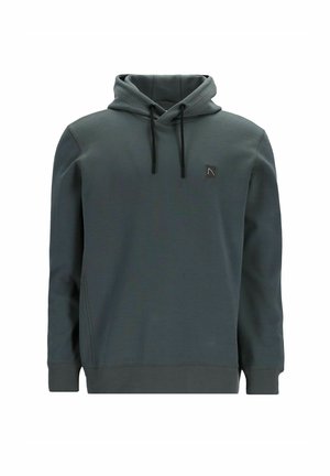 Donkergroene katoenen hoodie met een voorste kangaroo zak, verstelbare trekkoorden en een klein logo op de linker borst.