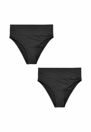 Zwarte bikini slipjes gemaakt van zachte, rekbare stof. Heeft een hoge tailleband en een gladde textuur, met minimale naden en geen versieringen.