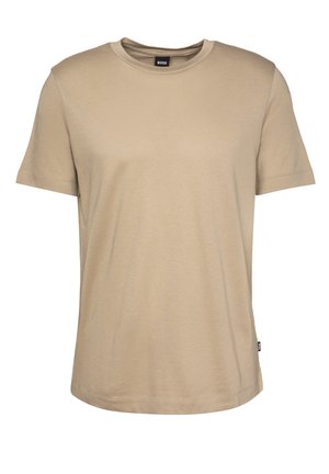 T-shirt beige à manches courtes avec un col rond, portant de petites étiquettes "BOSS" sur le col et la couture latérale inférieure.