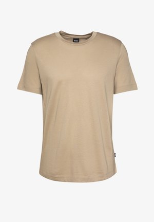 T-shirt beige à manches courtes avec un col rond, portant de petites étiquettes "BOSS" sur le col et la couture latérale inférieure.