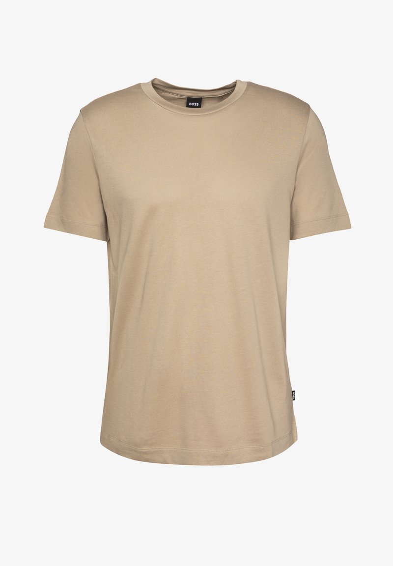 T-shirt beige à manches courtes avec un col rond, portant de petites étiquettes "BOSS" sur le col et la couture latérale inférieure.