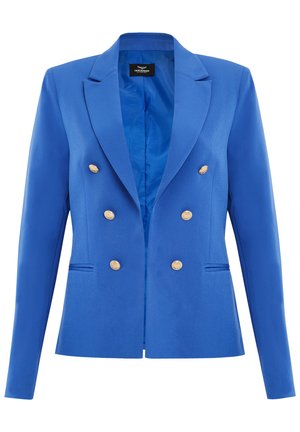 Blauwe double-breasted blazer gemaakt van soepel materiaal. Heeft goudkleurige knopen, notch revers en zijzakken. Gevoerde binnenkant.