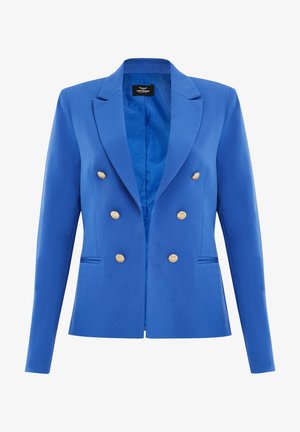 Blauwe double-breasted blazer gemaakt van soepel materiaal. Heeft goudkleurige knopen, notch revers en zijzakken. Gevoerde binnenkant.