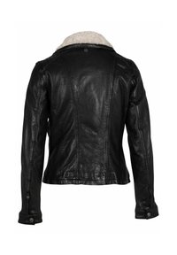 Zwarte leren jas met een schapenvacht kraag, slim fit ontwerp, zichtbare stiksels en knoopmanchetten. Achteraanzicht toont een gladde textuur.