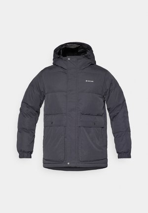 Dark gray puffer jacket with a hood, featuring two front pockets, zip closure, elastic cuffs, and branded logo on the chest.
