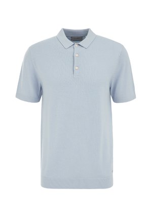 Light blue short-sleeve polo shirt made of soft knit material, featuring a collar, three buttons, and a ribbed hem with subtle texture.