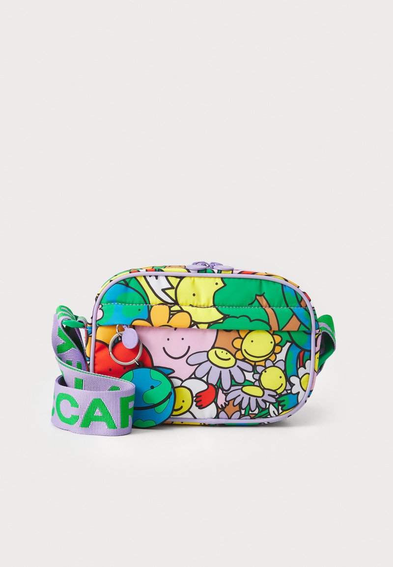 Colorful crossbody bag with floral and smiley face patterns. Made from durable fabric, features a purple zipper and green strap.