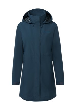 Marineblauwe waterdichte regenjas voor dames met capuchon, ritssluiting aan de voorkant verborgen onder een klep en verstelbare klittenbandmanchetten.