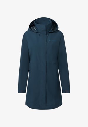 Imperméable pour femmes bleu marine avec capuche, fermeture éclair frontale cachée par un rabat, et poignets réglables à velcro.