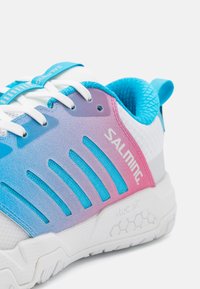 Sport shoes with a blue and pink gradient design, textured synthetic upper, white mesh, and contrasting white laces. Features "SALMING" branding.