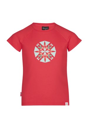 Red short-sleeve children's T-shirt with geometric star pattern in light blue, coral, and green at the center front.
